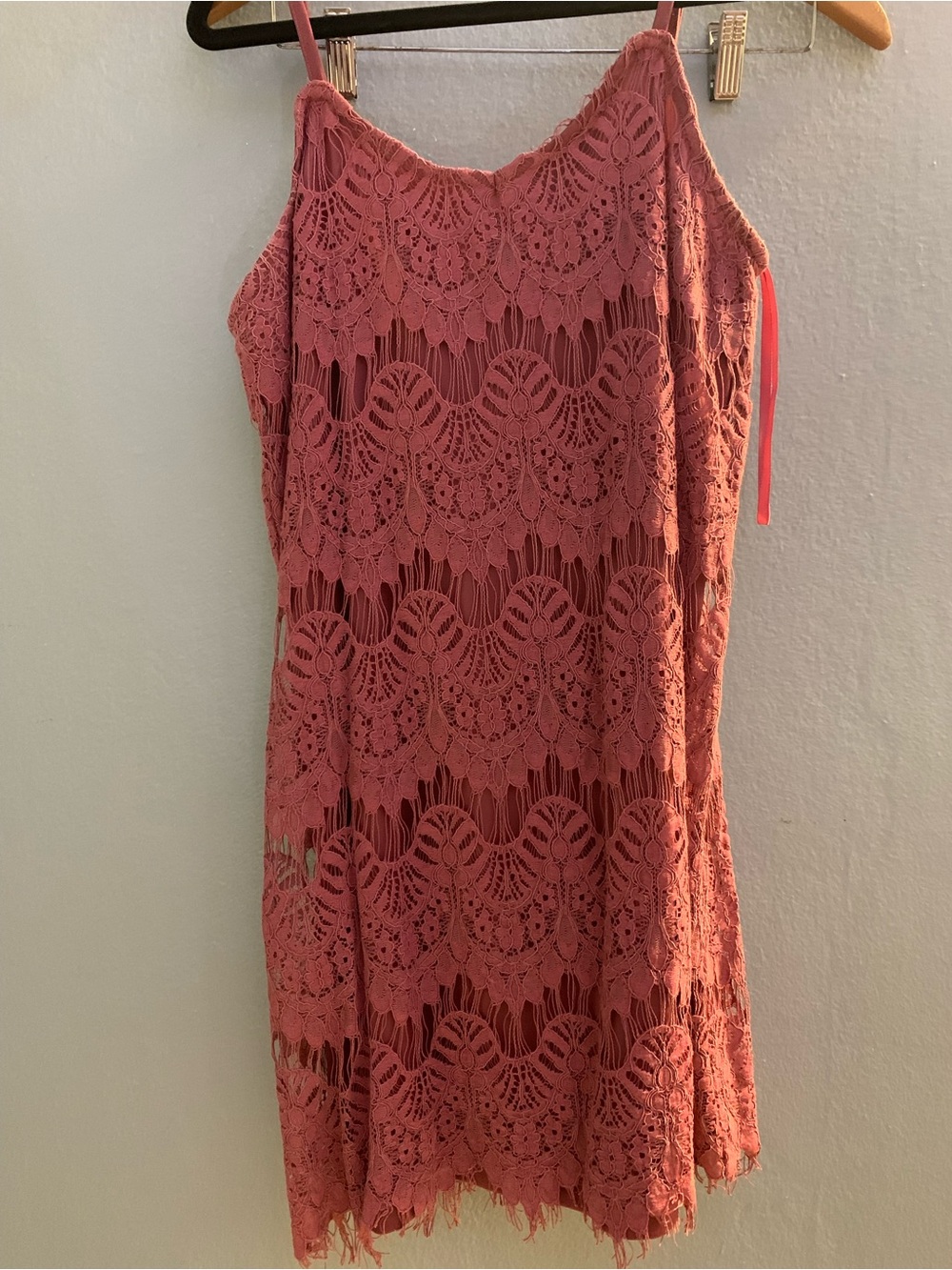 love, Fire Coral Pink Lace Layered Mini Slip Dress